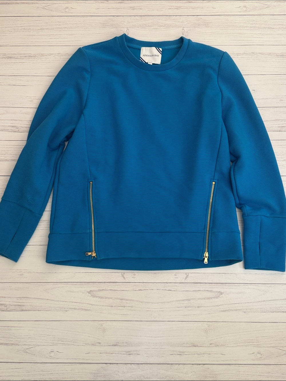 Addison Bay Teal Crewneck ribbed Pullover with Gold Zippers